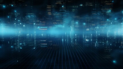 Beautiful night city background. Technological future. Virtual reality, neural network. Place for text. 3d. Oil painting. Realistic style. Blank for banner, flyer, cover. Platform or pedestal.