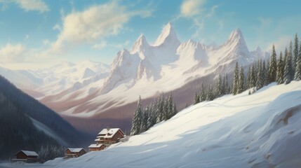 Winter landscape. Ski resort advertisement. Snowy mountains scene. Chilly landscape for holiday and...