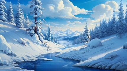 Winter landscape. Detailed Snowy Forest Scene. A serene, chilly landscape with vibrant trees,...