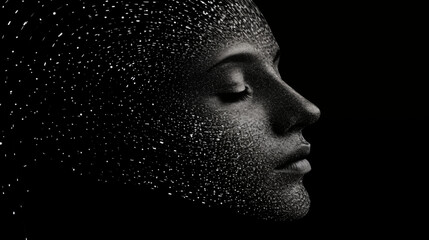 Portrait of a beautiful female face made of 3d particles. The concept of artificial intelligence, ai, womanpsychology, psychiatry