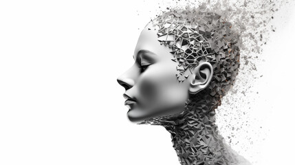 Portrait of a beautiful female face made of 3d particles. The concept of artificial intelligence, ai, womanpsychology, psychiatry