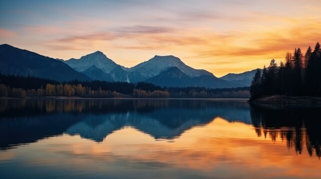 A serene sunset over a lake, framed by majestic mountains in the background.