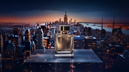 Parfume advertisement. Beautiful night city background. In the foreground is an advertisement...