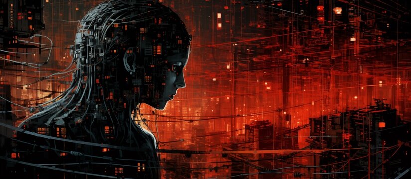 Neural network. Human body, female face, head. Artificial intelligence concept. A beautiful network of neural connections. Futuristic technologies. Cyberpunk. AI. Science data network background.