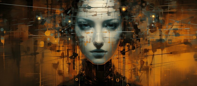 Neural network. Human body, female face, head. Artificial intelligence concept. A beautiful network of neural connections. Futuristic technologies. Cyberpunk. AI. Science data network background.