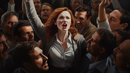 Fototapeta premium Woman power, feminism. Crowd of people protest. Beautiful woman. Pin up. Template for advertising banner, flyer, cover. Place for text. Fantasy style. Oil painting. Realistic photo style.