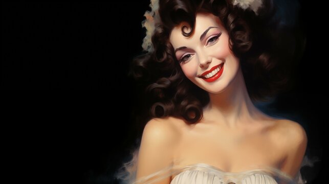 Beautiful woman. Pin up. Template for advertising banner, flyer, cover. Place for text. Fantasy style. Oil painting. Realistic photo style. Vintage retro style.
