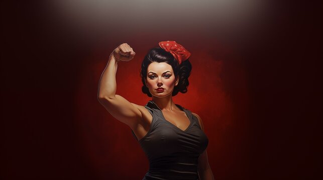 Woman power, feminism. Beautiful woman. Pin up. Template for advertising banner, flyer, cover. Place for text. Fantasy style. Oil painting. Cute cartoon design. Realistic photo style. Fist raised.