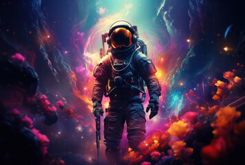 An astronaut in a spacesuit explores colorful space, Generative AI - obrazy, fototapety, plakaty