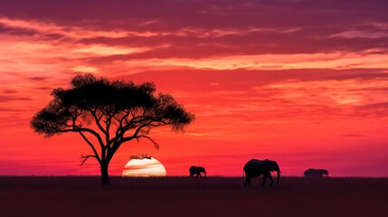 Fototapeta na wymiar Elephants grazing in the African savannah during a beautiful sunset.