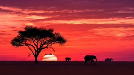 Elephants grazing in the African savannah during a beautiful sunset.