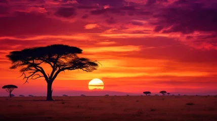 Muurstickers African sunset with wildlife in the background. © OKAN