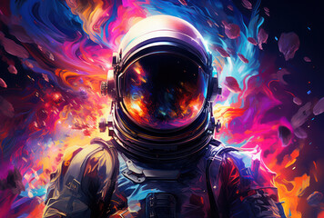 An astronaut in a spacesuit explores colorful space, Generative AI - obrazy, fototapety, plakaty