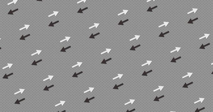 Abstract arrow shapes moving back and forth over duotone Grey color background. Abstract flat pattern animation seamless loop background.