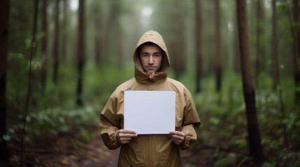 Fototapeta premium . A man in a raincoat stands in a forest holding a blank paper, ready to jot down his thoughts amidst the serene surroundings.