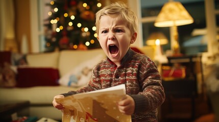 Angry Boy on christmas day - obrazy, fototapety, plakaty