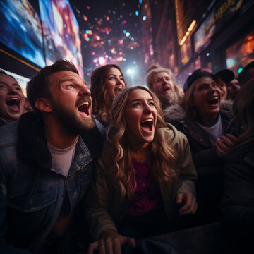 The image captures a living room scene where a family or friends gather around a television set tuned to the New Year's Eve broadcast. The screen displays the iconic Times Square Ball Drop in New York