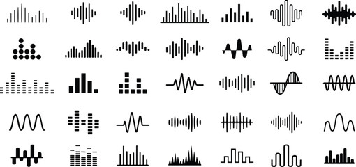 Sound waves icons set. Analog and digital audio signal collection. Music equalizer. Interference voice recording. High frequency radio wave. Vector illustration.