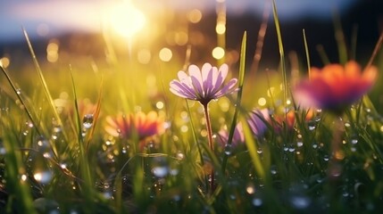 Beautiful flowers in the grass at sunset, creating a picturesque scene of nature's vibrant colors and serene ambiance.