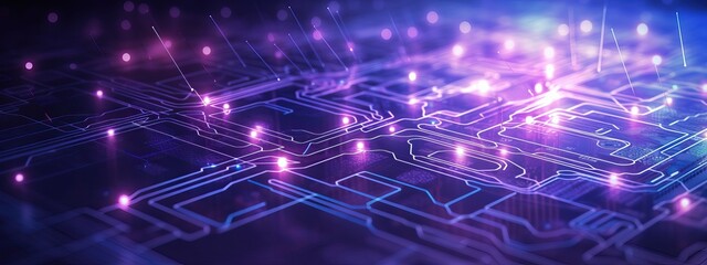 Abstract tech background with illuminated fiber optic connections, quantum computing network system electronic global intelligence