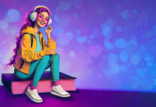 Ilustra&ccedil;&atilde;o estilosa de uma garota jovem vestida com roupas dos anos 90 sentada em cima de um livro gigante curtindo m&uacute;sica em seu headphone, fundo abstrato e espa&ccedil;o para c&oacute;pia.
