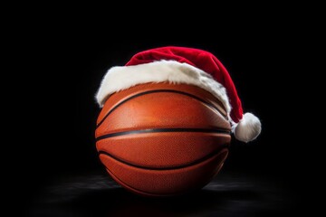 Close up of a basketball with a Santa hat. Illuminated ball on the floor. Black background.