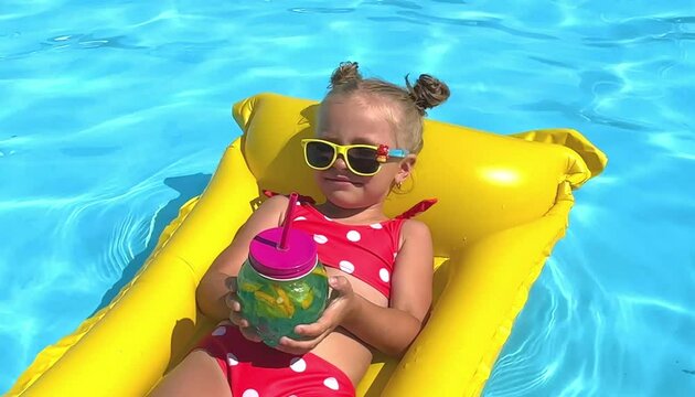 Cute little girl lying on inflatable mattress in swimming pool with blue water on warm summer day on tropical vacations. Summertime activities concept. Cute little girl sunbathing on air mattress
