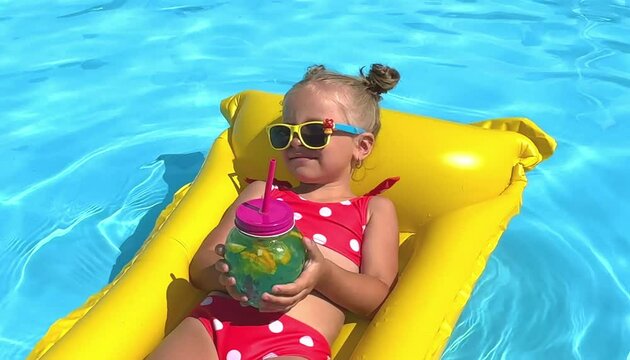 Cute little girl lying on inflatable mattress in swimming pool with blue water on warm summer day on tropical vacations. Summertime activities concept. Cute little girl sunbathing on air mattress