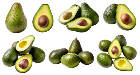 Green avocado avocados, many angles and view side top front sliced halved bunch cut isolated on transparent background cutout, PNG file. Mockup template for artwork graphic design
