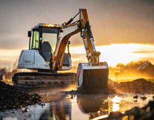Excavator working in the rain and sunset for long construction working hours - obrazy, fototapety, plakaty