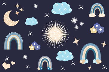 Baby boho set. Cute bohemian rug, tapestry, poster. Cartoon rainbow, sun, stars, moon, flowers, snowflakes, clouds.