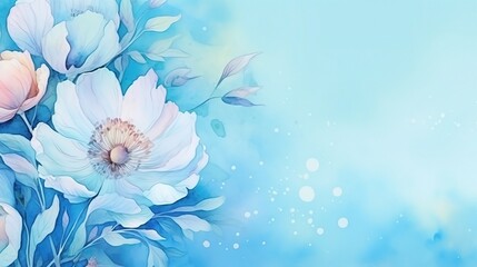 watercolor peony flowers on blue background, copy space, wallpaper