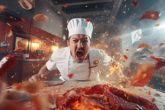 Raging chef over the table with red meat in the kitchen with flying pieces of meat in the air, overreacting cook