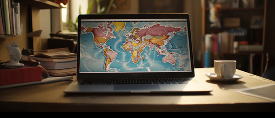 Laptop with World Map Display on Table Interior, Travel Planning
