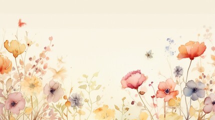 watercolor spring flowers on beige background, copy space, wallpaper