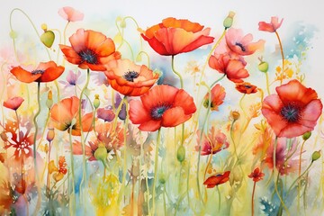 wild poppies, wet watercolor art