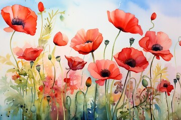 wild poppies, wet watercolor art