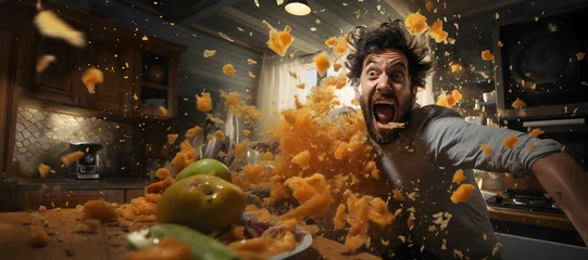 Fotobehang Raging man over the table full of distressed fruits and vegetables, inside the kitchen with flying pieces of food in the air, overreacting cook, copy space © Zoran Karapancev