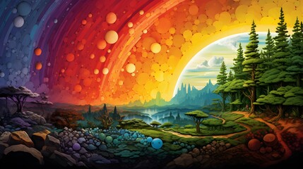 trippy kaleidoscope landscape with rainbow