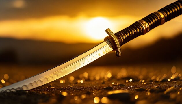 Fictional asian cuture warrior sword in the ground during sunset after the fight