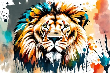 Lion. abstract portrait of a lion walking forward on the jungle background with watercolor splashes in the style of pop art.vector illustration - Powered by Adobe
