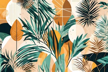 Abstract geometric, natural shapes poster set in mid century style. Modern illustration: tropical palm leaf, geo elements for minimalist print, poster, boho wall decor, flat design Vector minimal art