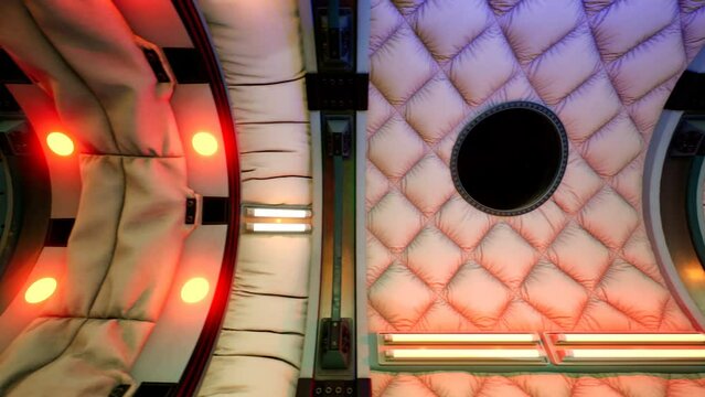 The camera smoothly navigates within the spacecraft module, generating an animation ideal for backgrounds associated with fantasy, futuristic settings, or space travel.