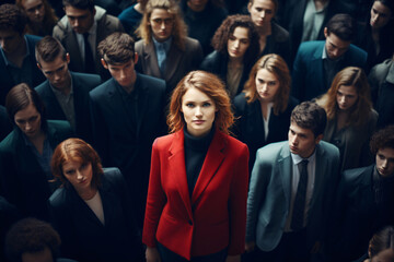 woman in a red sack stands out among many of the same people in a crowd