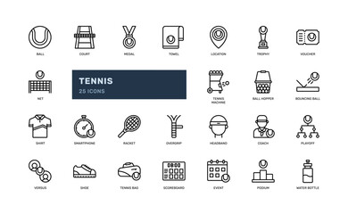 tennis athlete sport competition game training health detailed outline line icon set