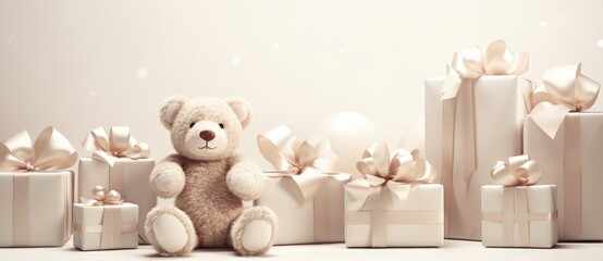 Beige Teddy Bear Surrounded by Gift Boxes