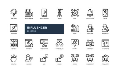 influencer social media youth job profession digital nomad social media detailed outline line icons - obrazy, fototapety, plakaty
