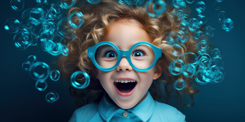 cute girl with curly hair and surprised face is wearing huge blue glasses