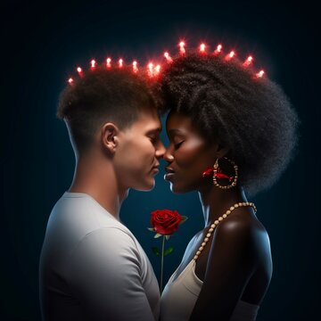 An African American girl and a European boy gently touch each other's noses in amorous rapture. They are on a date on Valentine's Day. Pink lamps, red dolphins and a rose create a magical atmosphere.