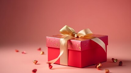 A red gift box with a gold ribbon on a pink background. The concept of holiday photography. Surprise for Valentine's Day, birthday, wedding. Copy space and front view, good focused. New Year concept.